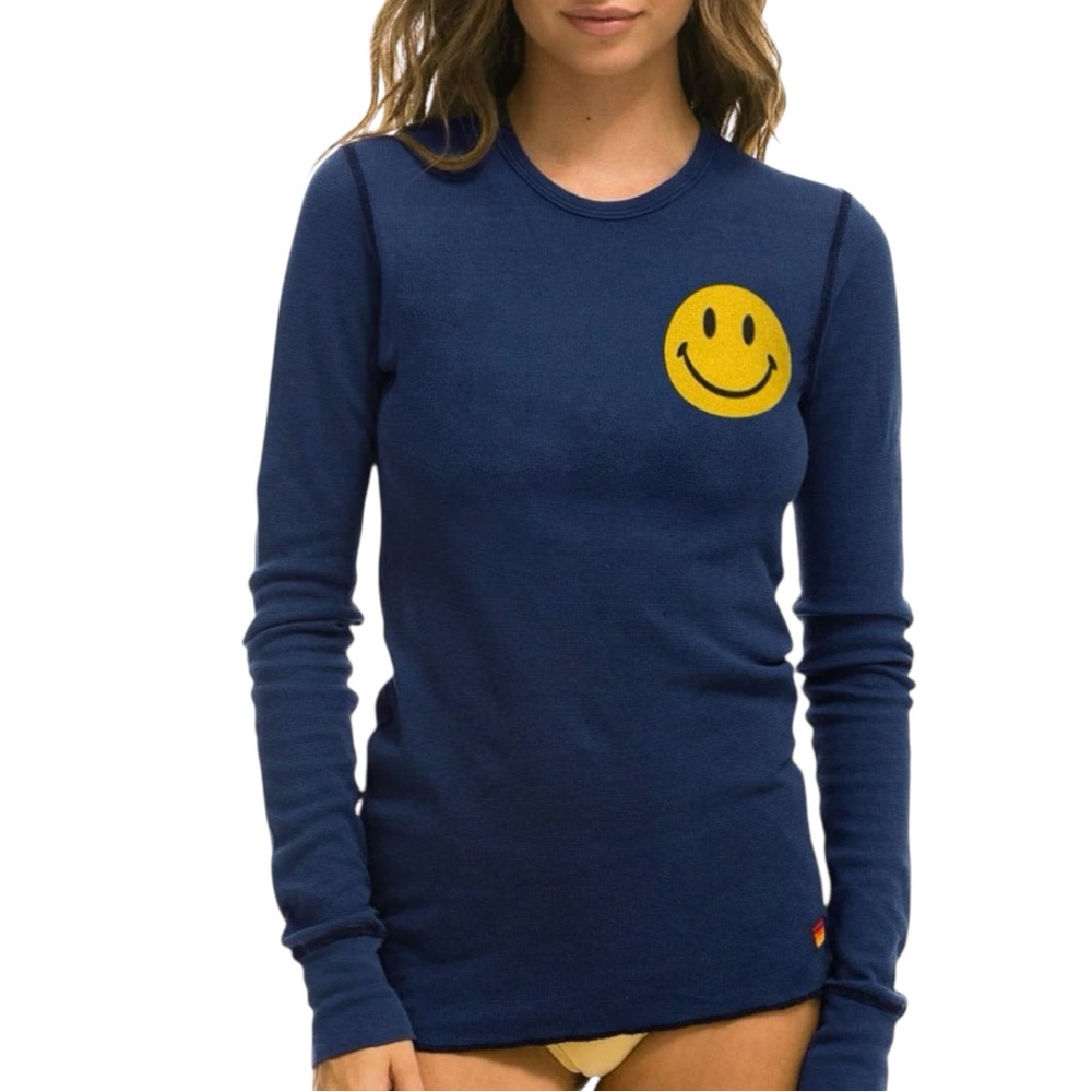 Aviator Nation L/S  Thermal Smiley Top Navy Unisex Medium West Coast Made in USA - Picture 2 of 9
